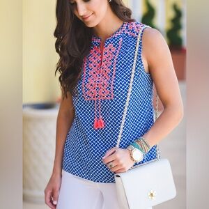 J. Crew Blue Blouse with Pink Embroidery
